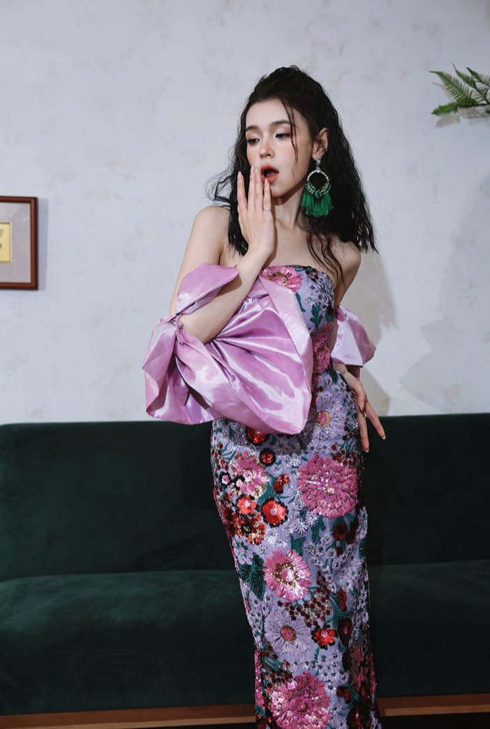DOLLY Luxury Retro Purple Floral Embroidered Tube Top Long Sequin Party Dress-JOY
