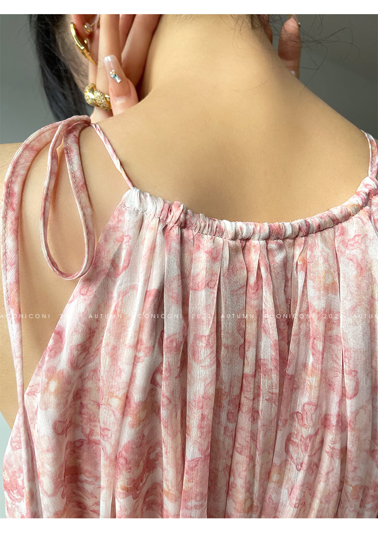 Aconiconi| halter-neck summer broken flowers vacation holiday style fairy dress - cherry blossom