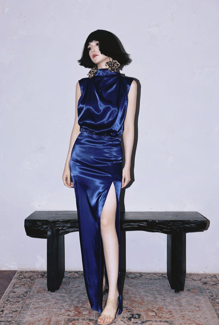 DOLLY Luxury Navy Blue Mock Neck Sleeveless Satin Long Slit Cocktail Dress-PRIYA