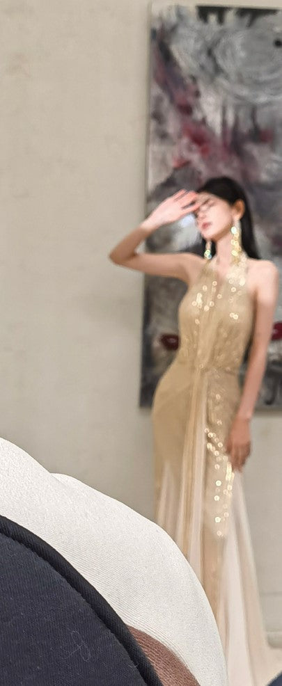 DOLLY Elegant Gold Sleeveless Halter Neck Long Fish Tail Banquet Dress- Carly