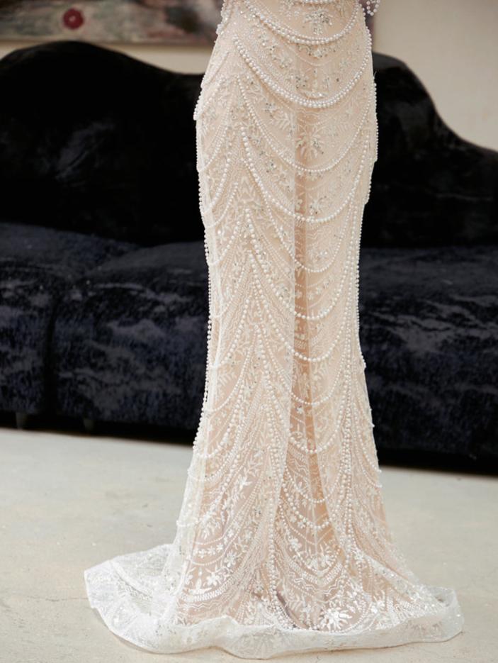 DOLLY Luxury Off White Retro Beaded Tube Top Sequin Long Wedding Dress-MARKU