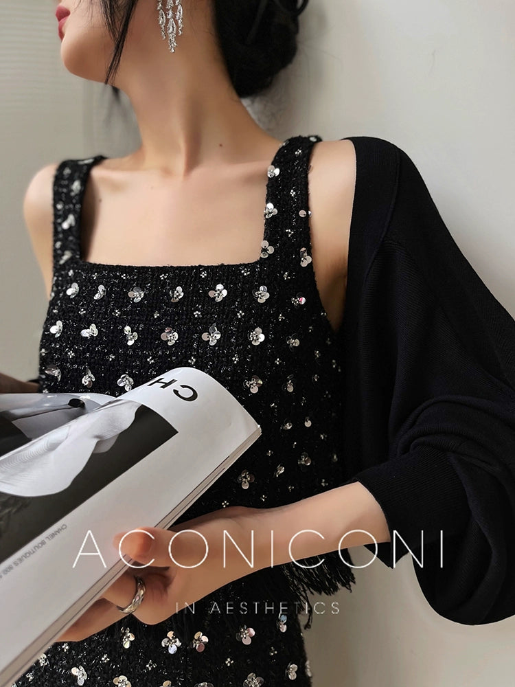 Aconiconi Marvel Star French vintage long short black tweed skirt top - Ceitr