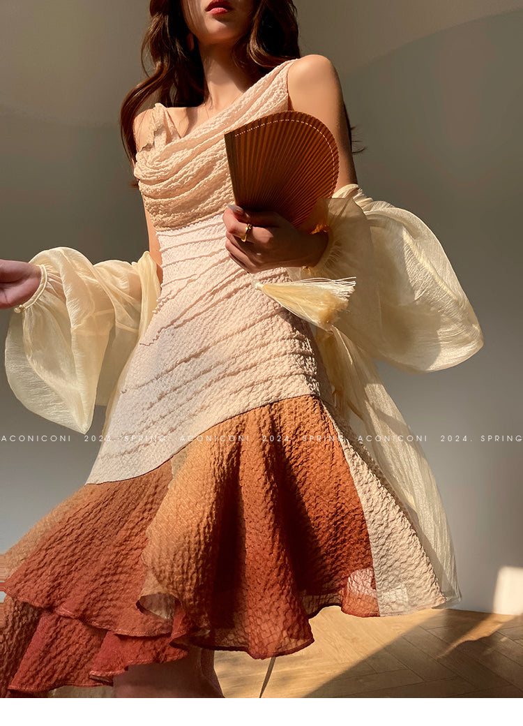 Aconiconi Luxury Sleeveless cowl neck ombre pleated hem Dress- Long Island Iced Tea