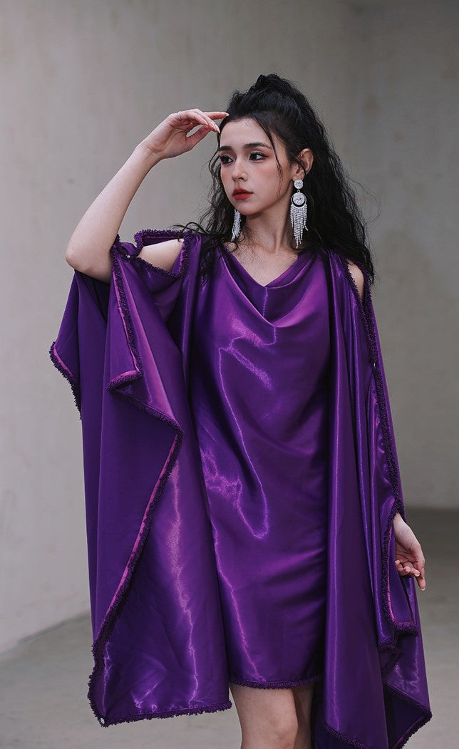 DOLLY Elegant Deep Purple Off Shoulder Swing Collar Short Party Dress-PREETI