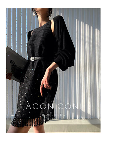 Aconiconi Elegant Black Retro High Waist Diamond Tassel Chic Skirt- Shallow Light