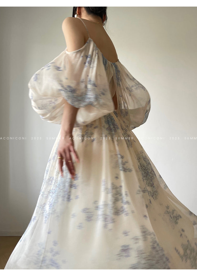 Aconiconi| Slip Off-the-Shoulder Top Skirt - Flower fairy