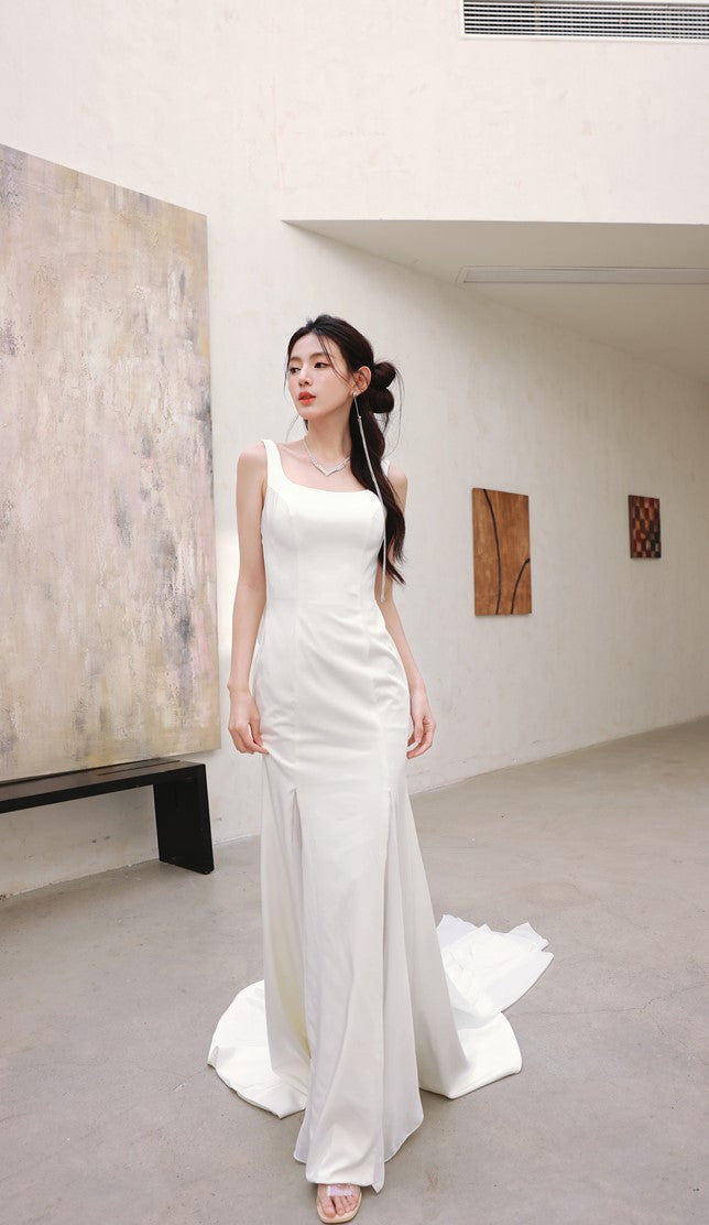 DOLLY Luxury White Graceful Sleeveless Square Collar Wedding Dress-MARY