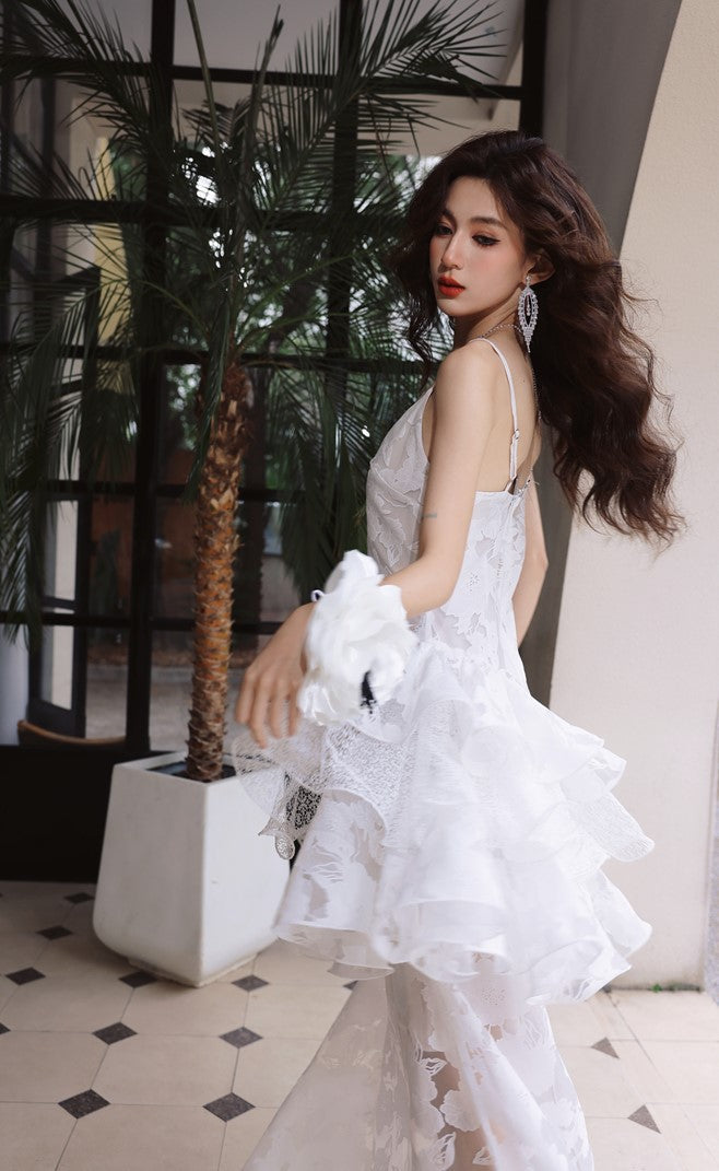 DOLLY Elegant White Flower Embroidery Lace Ruffle Layered Dinner Dress-DAISY (V)