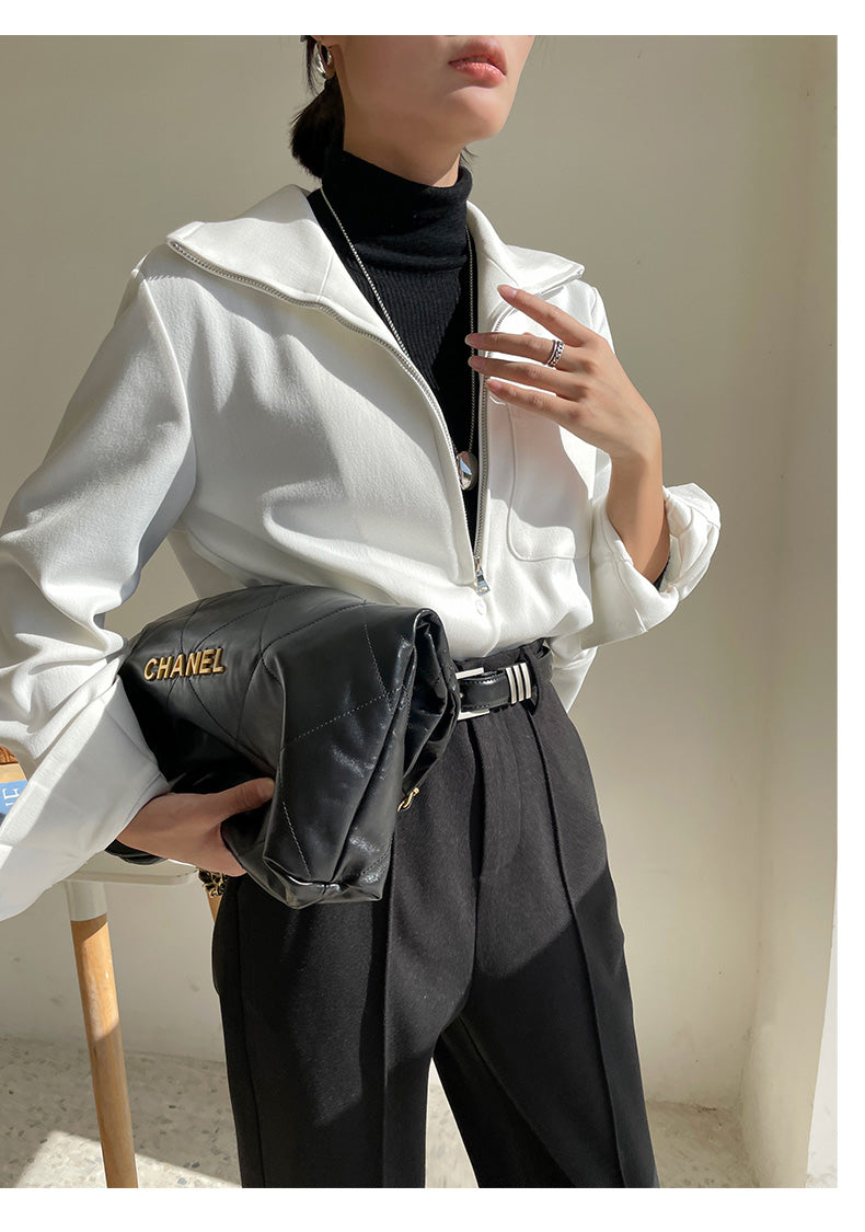 Half zipper white shirt women's autumn shirt- Tiloba