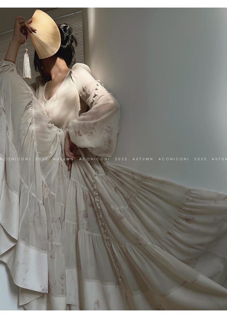 Aconiconi| French print fairy vacation loose chiffon long dress - Huanxi dream