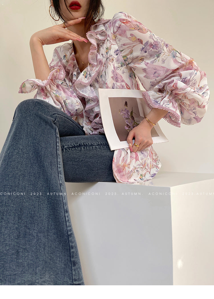 Aconiconi| High end designer printed top shirt + A-line skirt suit - Hyacinth
