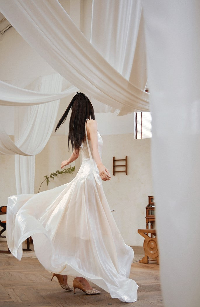 DOLLY High End Cream Sleeveless satin slip flow Wedding Dress-SONNI