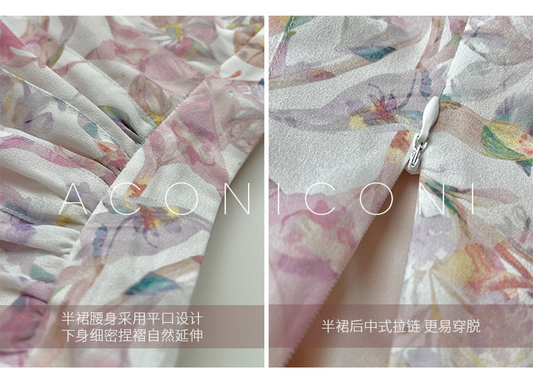Aconiconi| High end designer printed top shirt + A-line skirt suit - Hyacinth