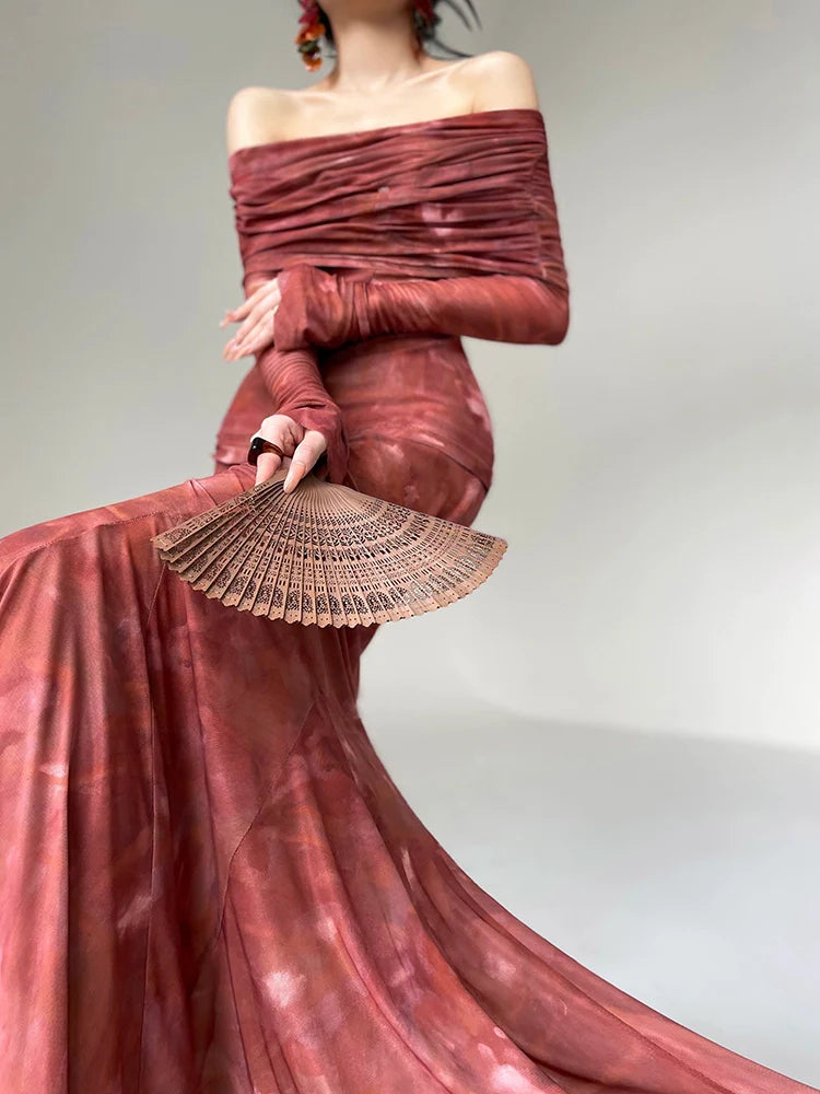 Aconiconi Luxury maxi fish Skirt Off shoulder top - Amber Sweet Tea