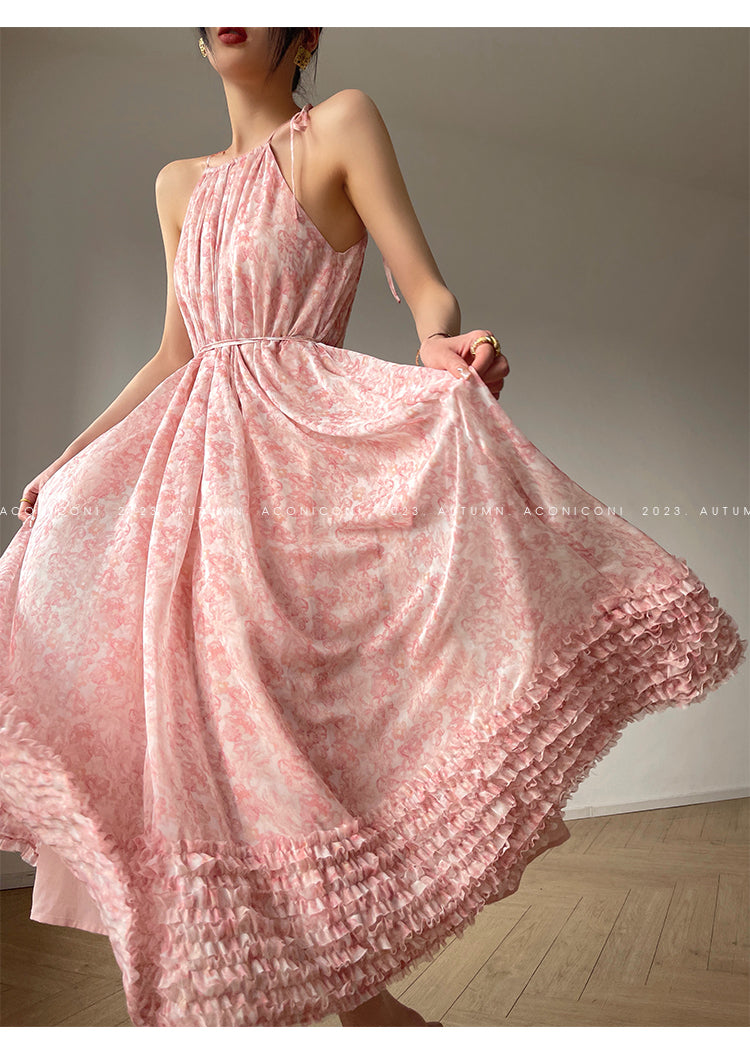 Aconiconi| halter-neck summer broken flowers vacation holiday style fairy dress - cherry blossom