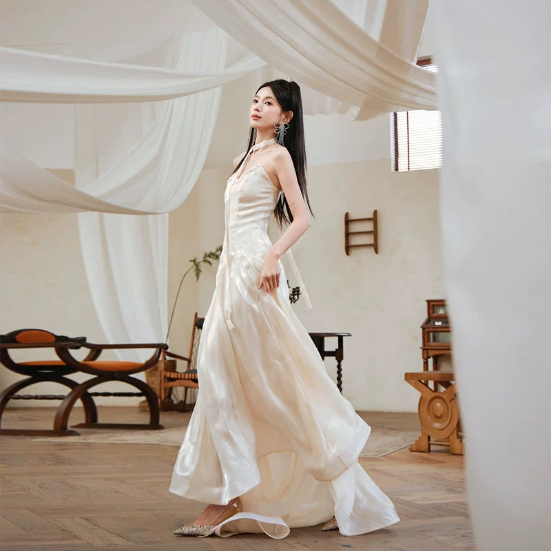 DOLLY High End Cream Sleeveless satin slip flow Wedding Dress-SONNI