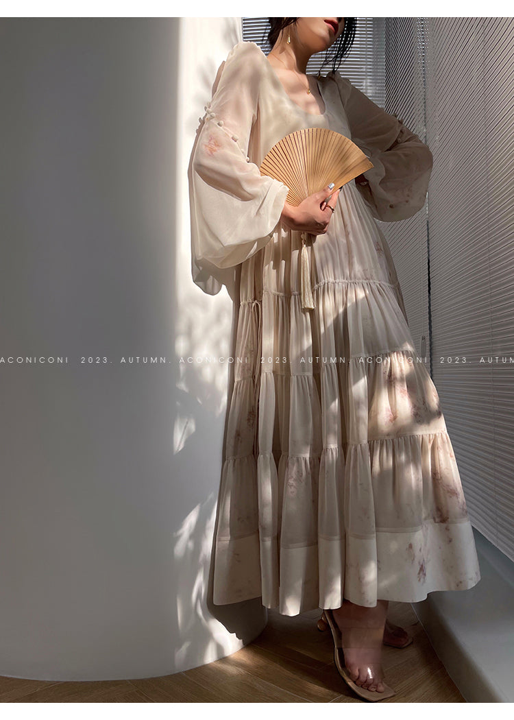Aconiconi| French print fairy vacation loose chiffon long dress - Huanxi dream