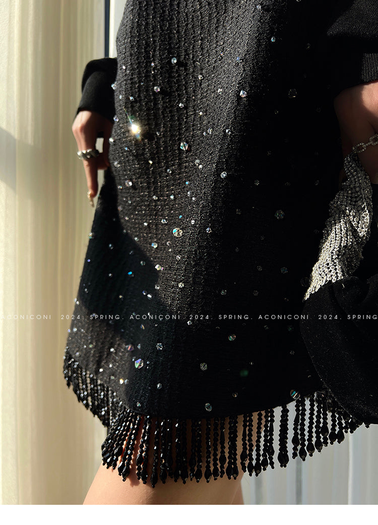 Aconiconi Elegant Black Retro High Waist Diamond Tassel Chic Skirt- Shallow Light