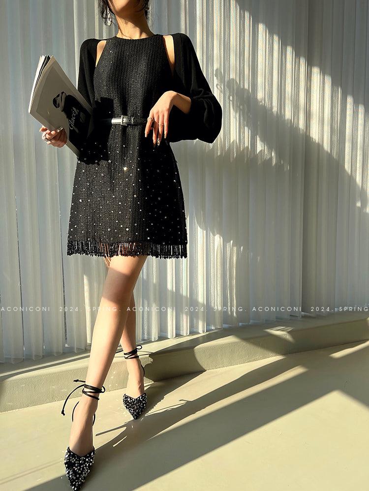 Aconiconi Elegant Black Retro High Waist Diamond Tassel Chic Skirt- Shallow Light