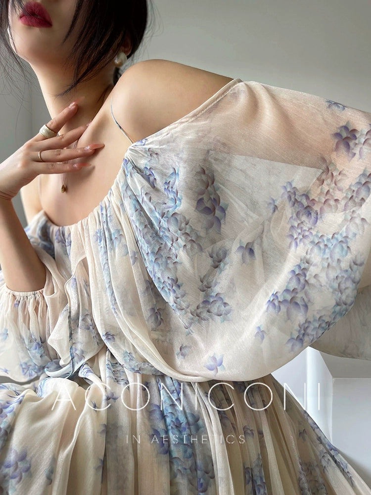 Aconiconi| Slip Off-the-Shoulder Top Skirt - Flower fairy