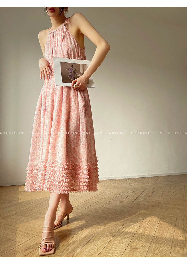 Aconiconi| halter-neck summer broken flowers vacation holiday style fairy dress - cherry blossom