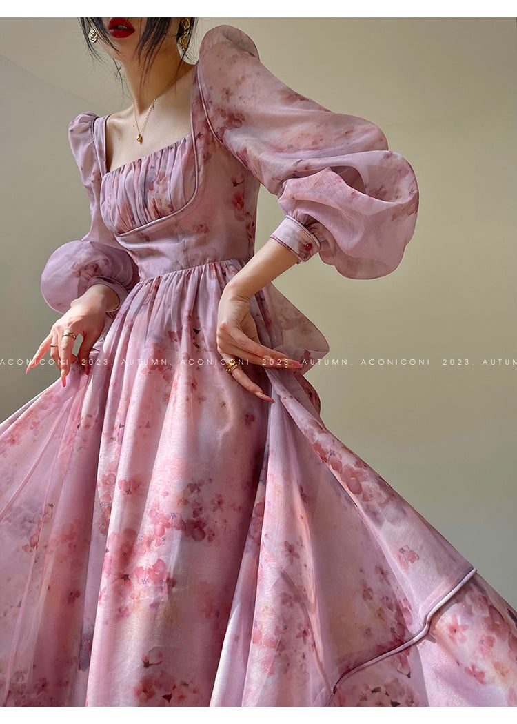 Aconiconi| French dress printed fairy long sleeves dress -Begonia Never Sleeps