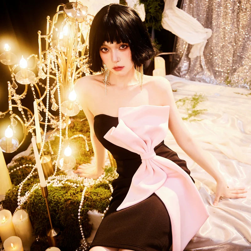 black cocktail dress with pink bow black dress with pink bow Evelyn Black-Pink Bow Bodycon Mini Dress