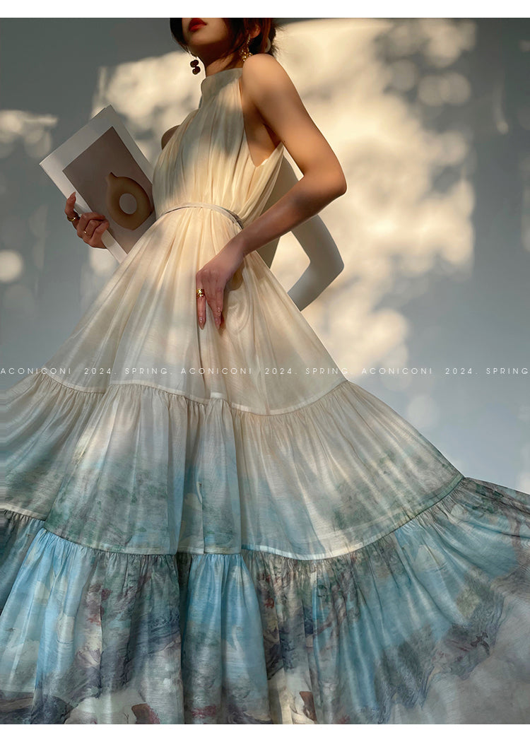Aconiconi| Louvre Picture Reflection printed halter neck maxi skirt vacation dress - Miinia