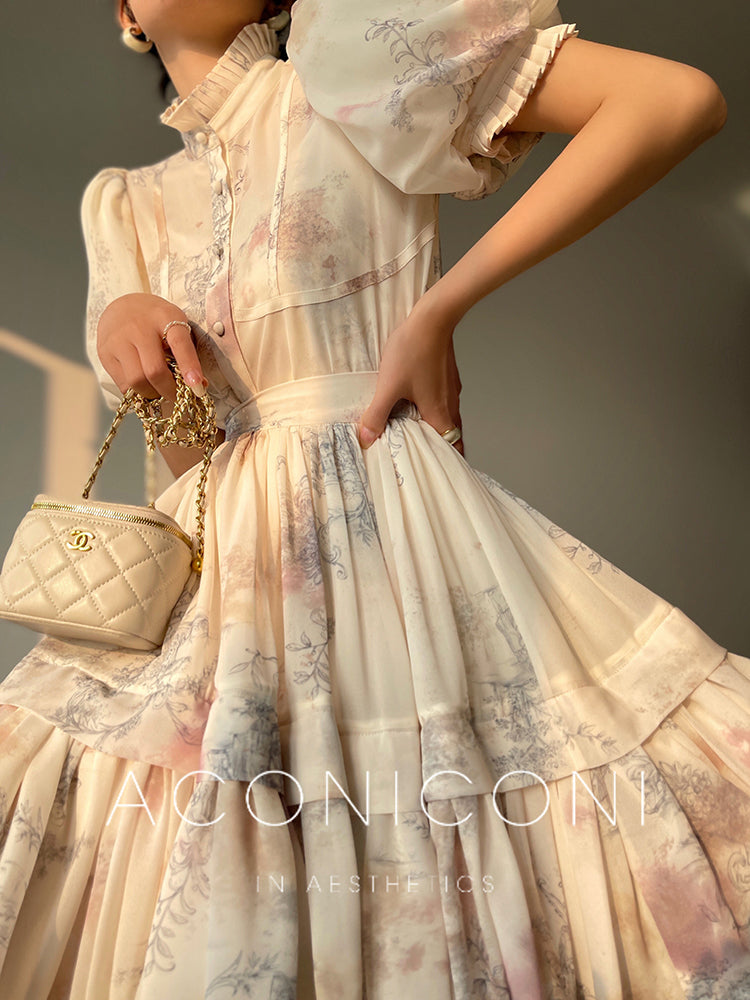 Aconiconi French puff short-sleeved shirt, tank layered printed skirt -  Kono's love letter