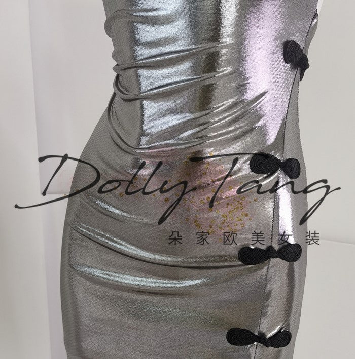 DOLLY Elegant Liquid Sliver Chinese Style Halter Neck Body Hug Long Cocktail Dress-MARBLE (V)