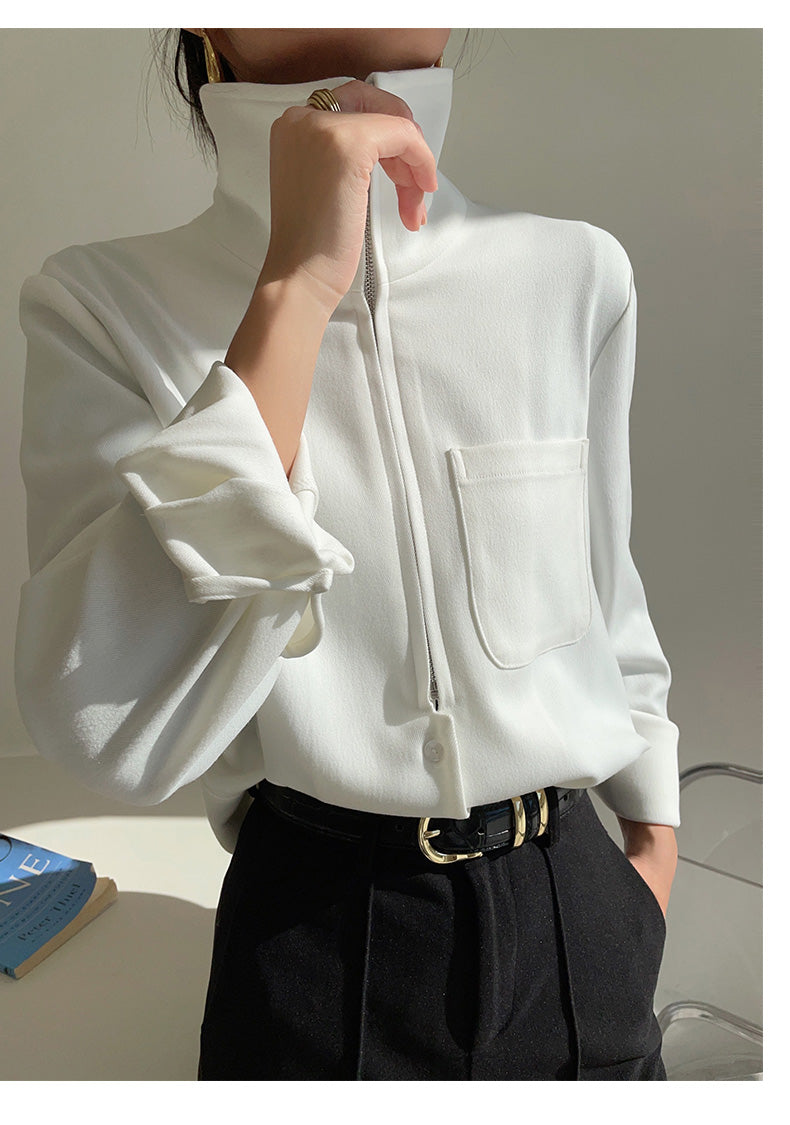 Half zipper white shirt women's autumn shirt- Tiloba