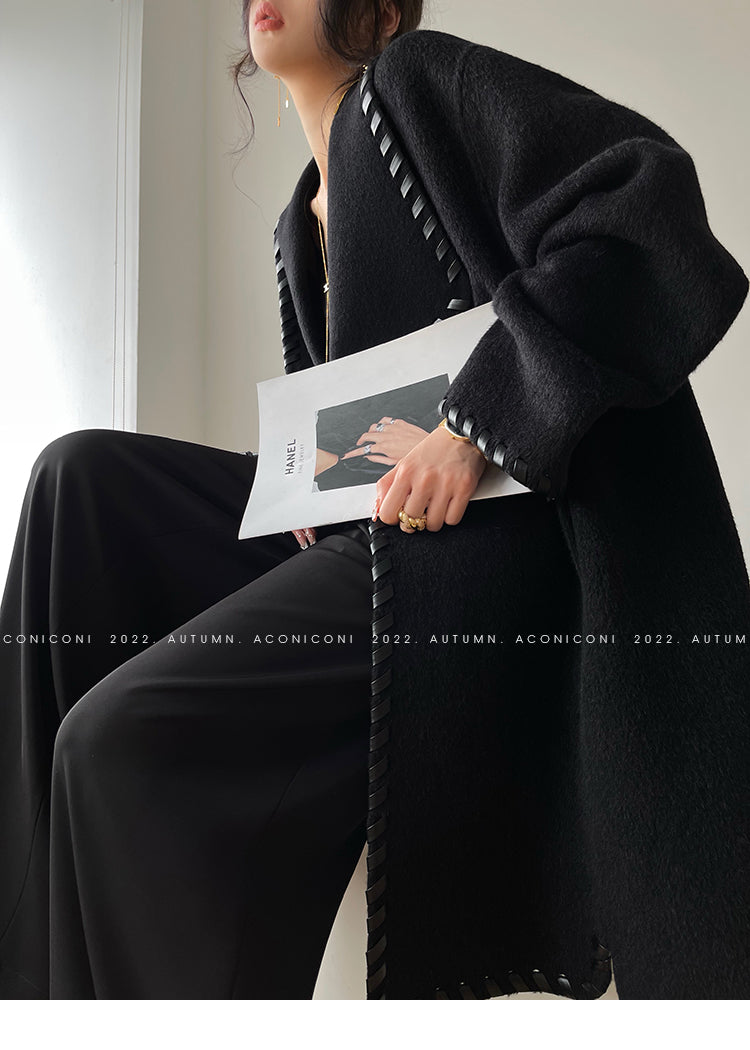 Aconiconi| Full wool coat classic double-sided wool woven belt coat -Nocturne