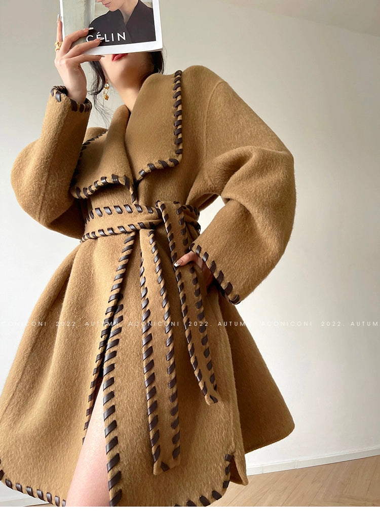 Aconiconi| Full wool coat classic double-sided wool woven belt coat -Nocturne