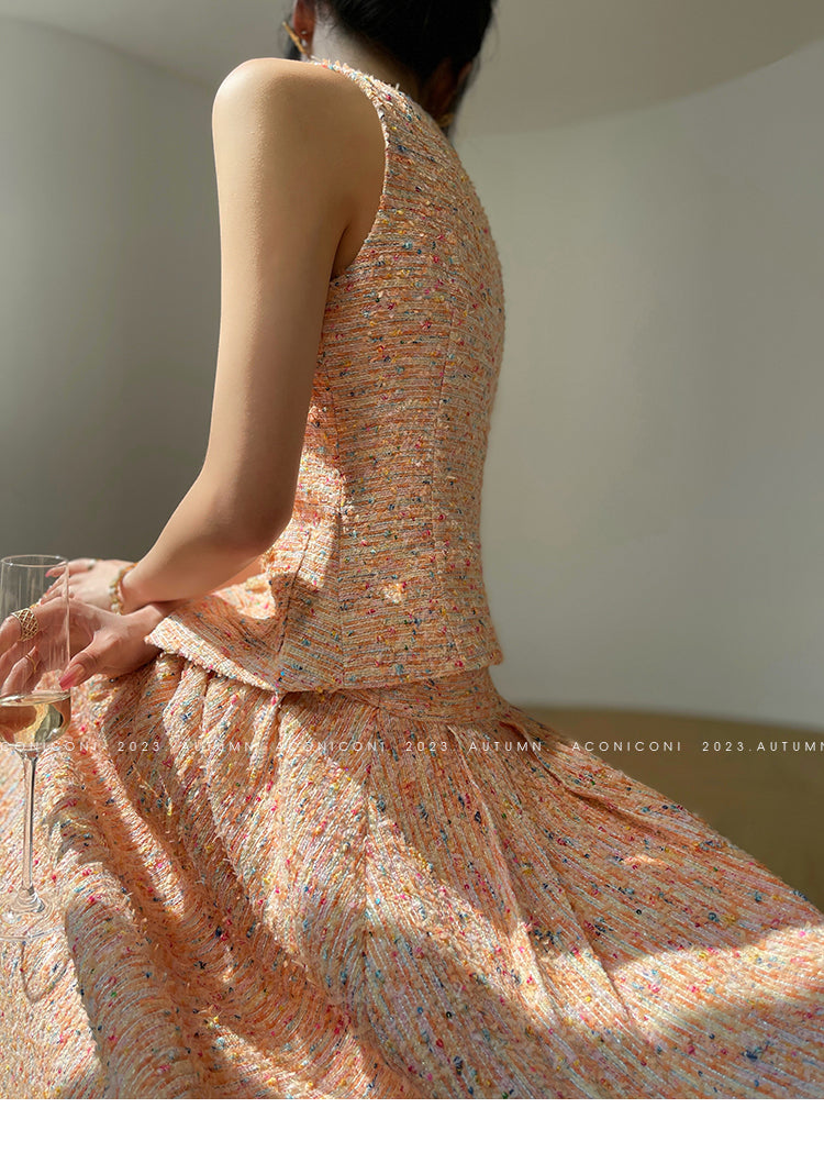 Aconiconi| Tweed, high-end vest, shirt,, high-waisted skirt - Anabelle
