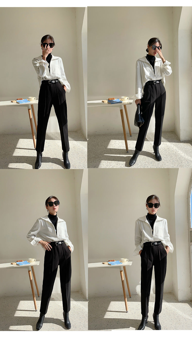 Half zipper white shirt women's autumn shirt- Tiloba