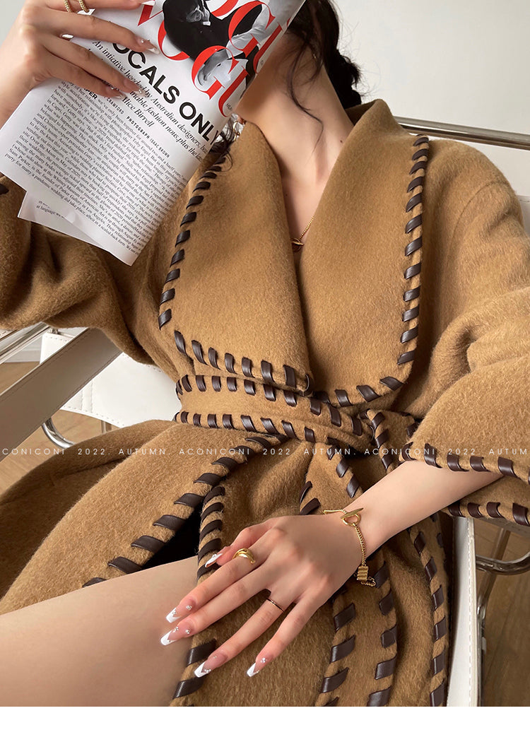 Aconiconi| Full wool coat classic double-sided wool woven belt coat -Nocturne