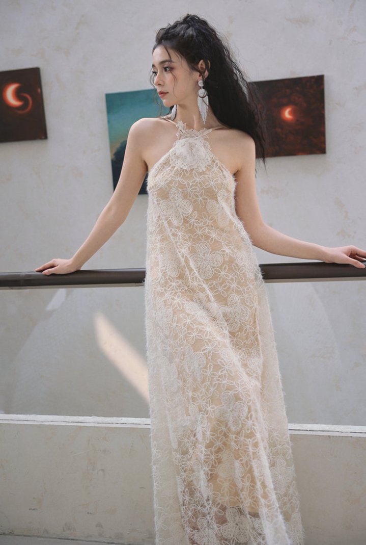 DOLLY Elegant Off White Retro Halter Neck Backless holiday Dress-JADE