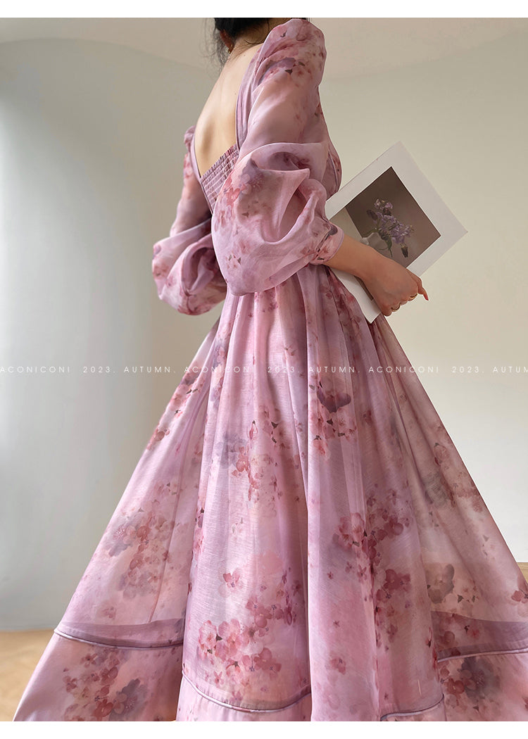 Aconiconi| French dress printed fairy long sleeves dress -Begonia Never Sleeps