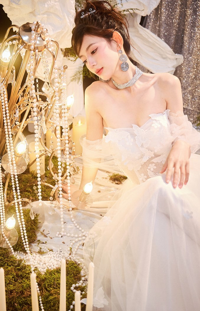 DOLLY Elegant White Off Shoulder Short Sleeve Flower Wedding Dress-SOPHIE (V)