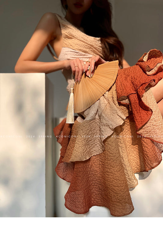 Aconiconi Luxury Sleeveless cowl neck ombre pleated hem Dress- Long Island Iced Tea