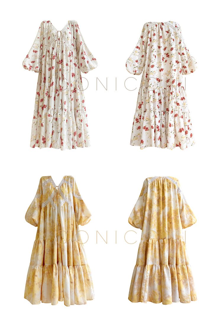 Aconiconi Luxury Yellow V-Neck Print Long Sleeve Loose Resort Dress- Huaye Mucheng