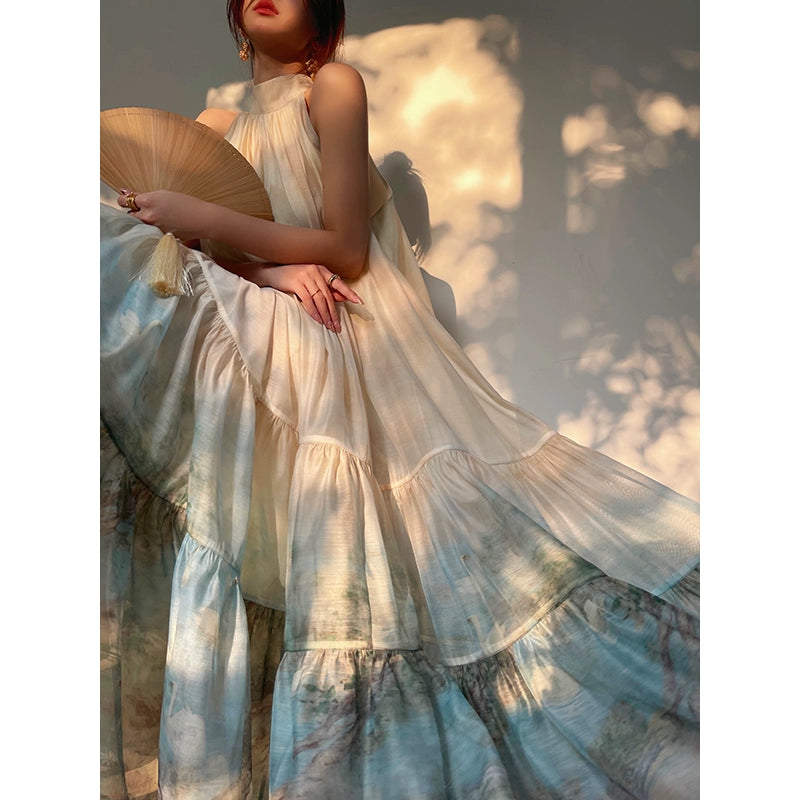 Aconiconi| Louvre Picture Reflection printed halter neck maxi skirt vacation dress - Miinia