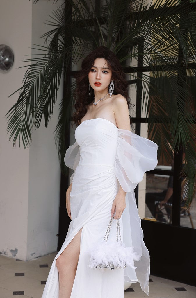 DOLLY Elegant White Off Shoulder Short Puff Sleeve High Waist Wedding Dress-NIKKA