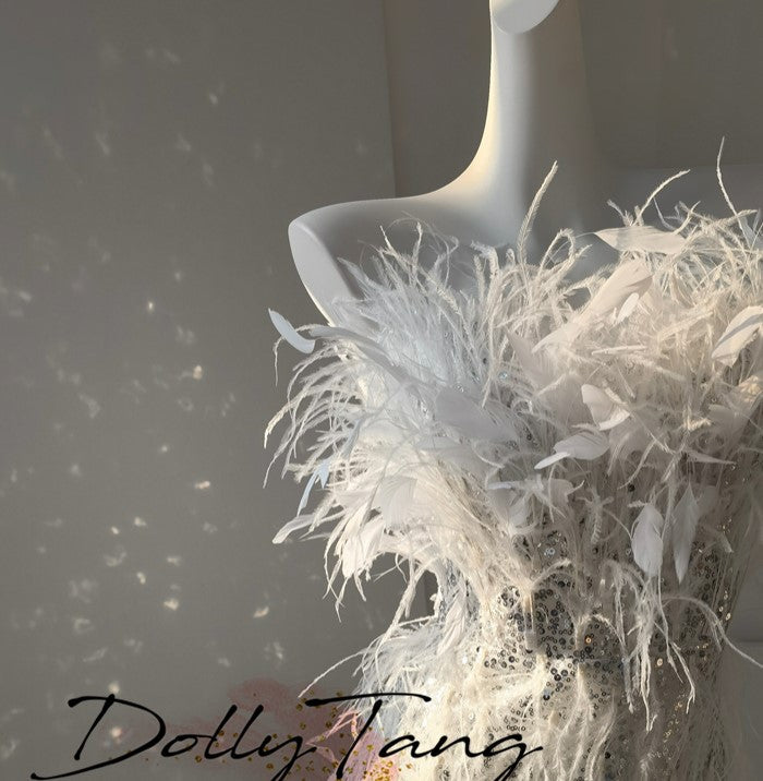 DOLLY Sliver White Feather Tube Top Long Slit Wedding Guest Dress-AGNES
