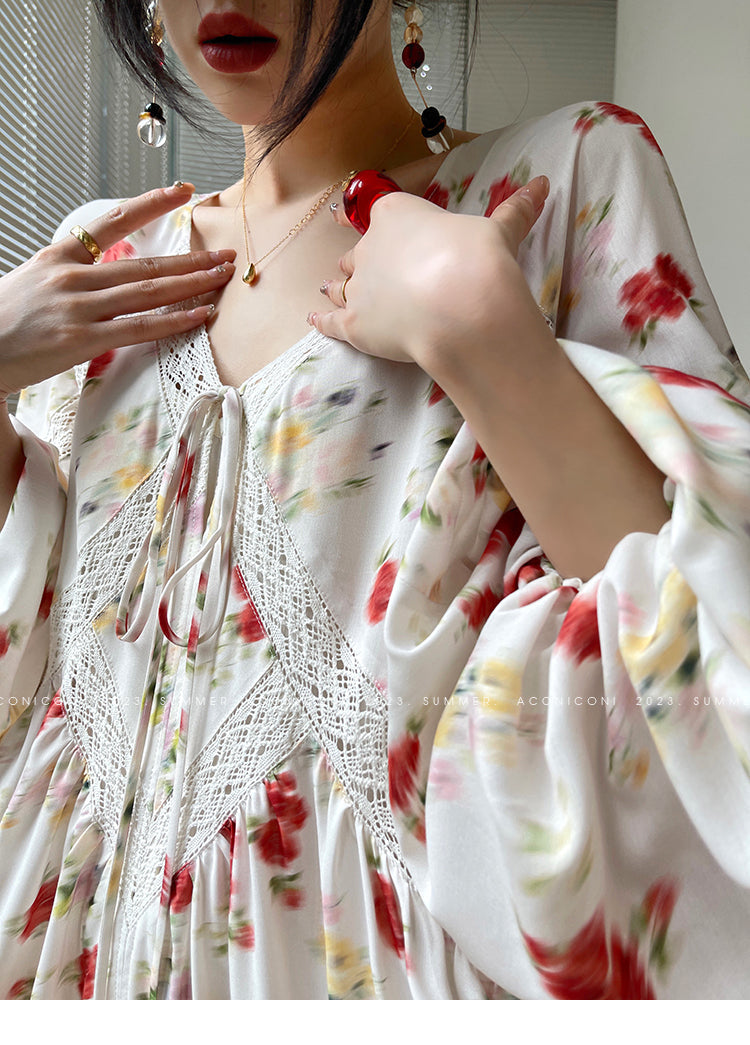 Aconiconi Luxury Yellow V-Neck Print Long Sleeve Loose Resort Dress- Huaye Mucheng