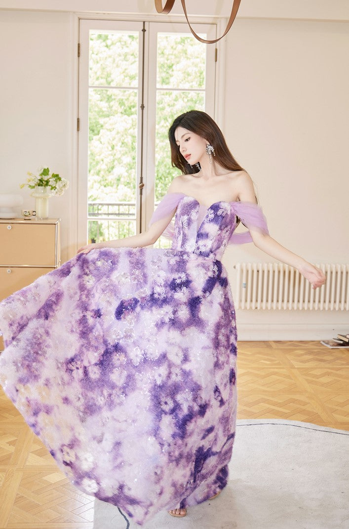 DOLLY Elegant Purple Off Shoulder Short Sleeve Print Long Loose Dress-ABUELA