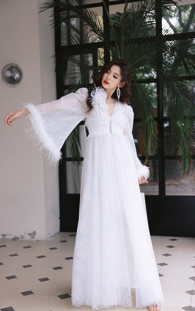 DOLLY Elegant White Deep V-Neck Lace Feather Bell Sleeves Long Robe Dress-ZOBA (V)*