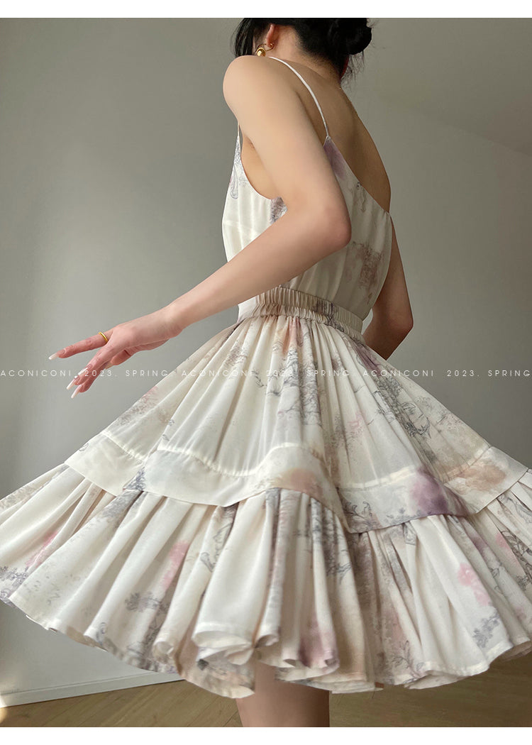 Aconiconi French puff short-sleeved shirt, tank layered printed skirt -  Kono's love letter