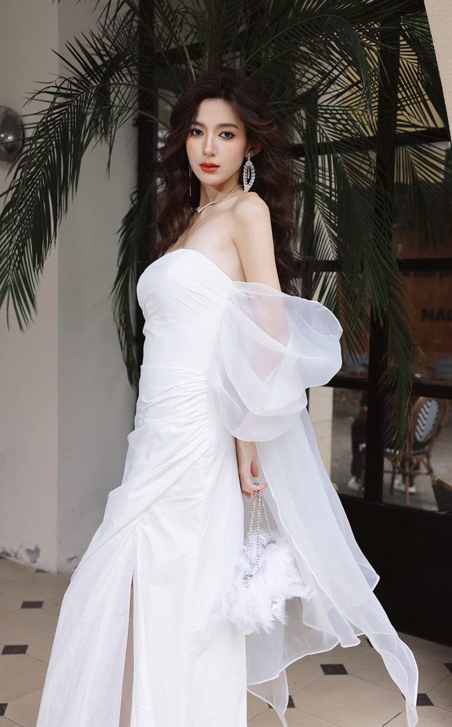DOLLY Elegant White Off Shoulder Short Puff Sleeve High Waist Wedding Dress-NIKKA