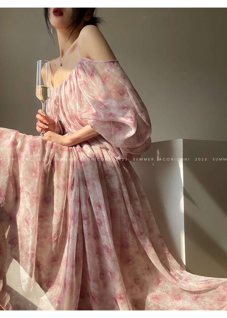 Aconiconi| Slip Off-the-Shoulder Top Skirt - Flower fairy